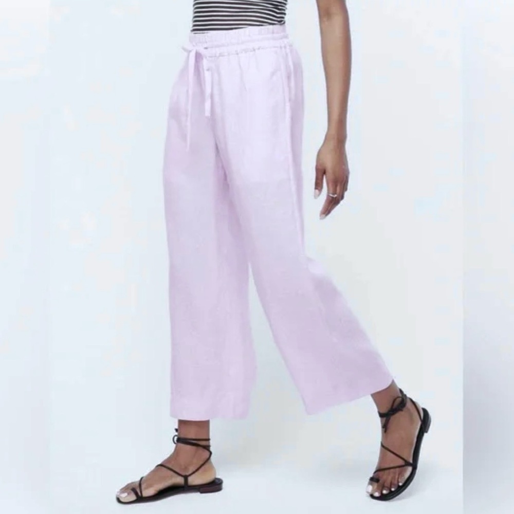 J. Crew 100% Linen Women's Lilac Wide-Leg Cropped Pants, Elastic Waist, L